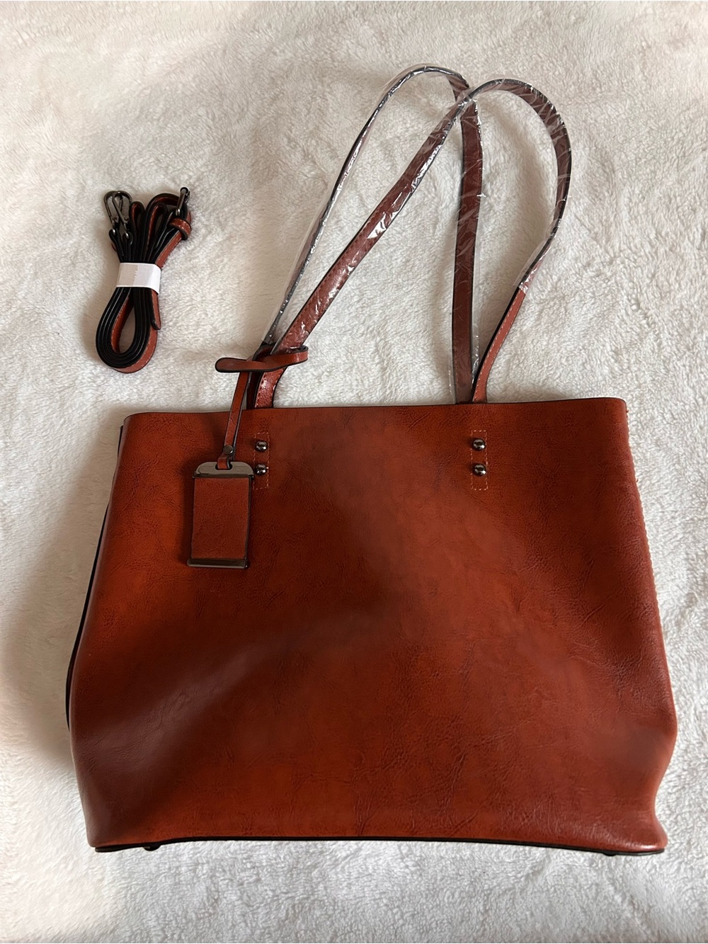 Amazon Burnt Orange Faux Leather Tote Bag with Detachable Strap